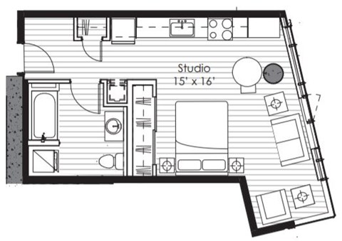 Floor plan for studio, 1 bath, 529 sqft